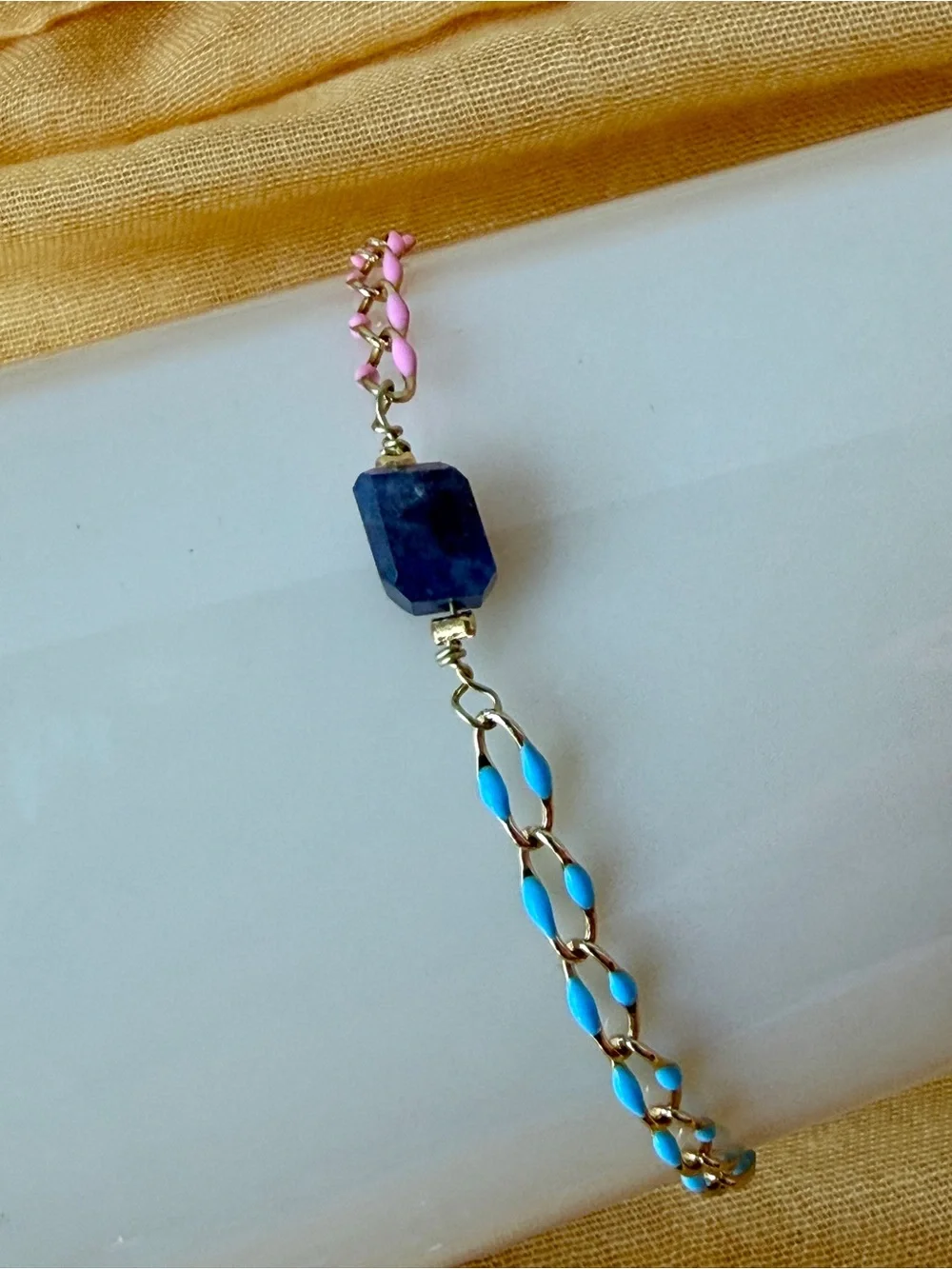 Handmade Gold Chain Bracelet with Pink & Blue Enamel and Genuine Iolite Stone